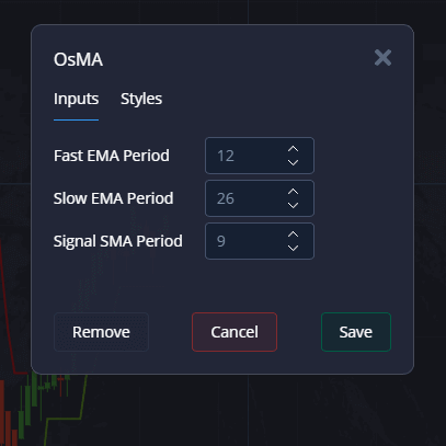OsMA oscillator settings on Pocket Option