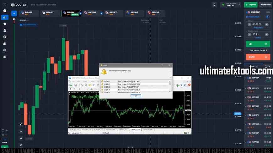 Quotex trading with Binary Sniper Pro V3 alert signals