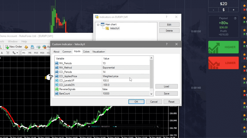 Velocity X indicator settings for Pocket Option trading