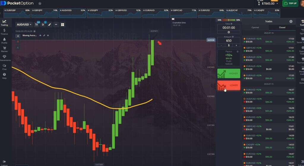 Pocket Option live chart with EMA 60 and Binary Sniper Pro arrow