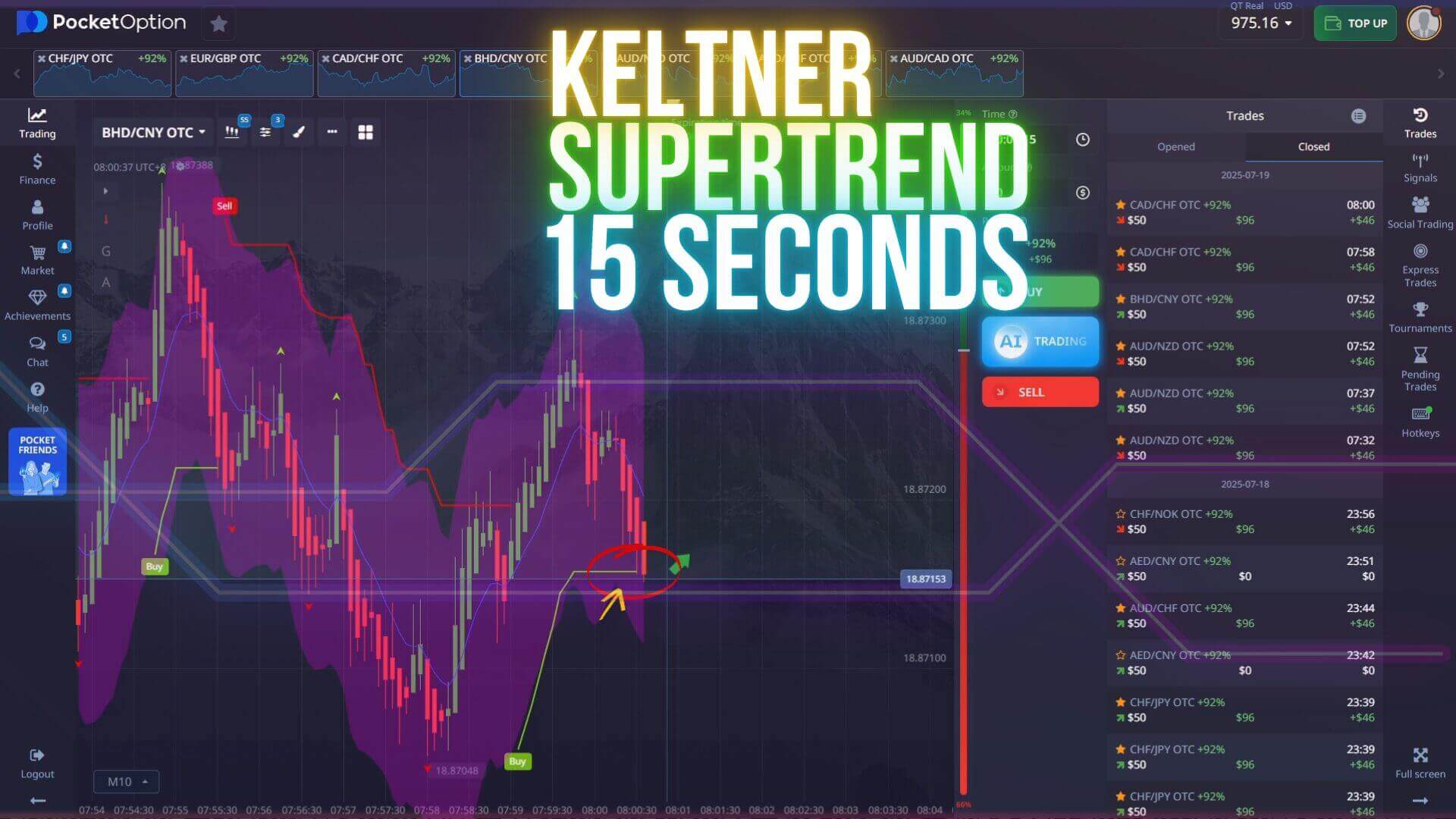 15 seconds Keltner Channel and SuperTrend strategy on Pocket Option