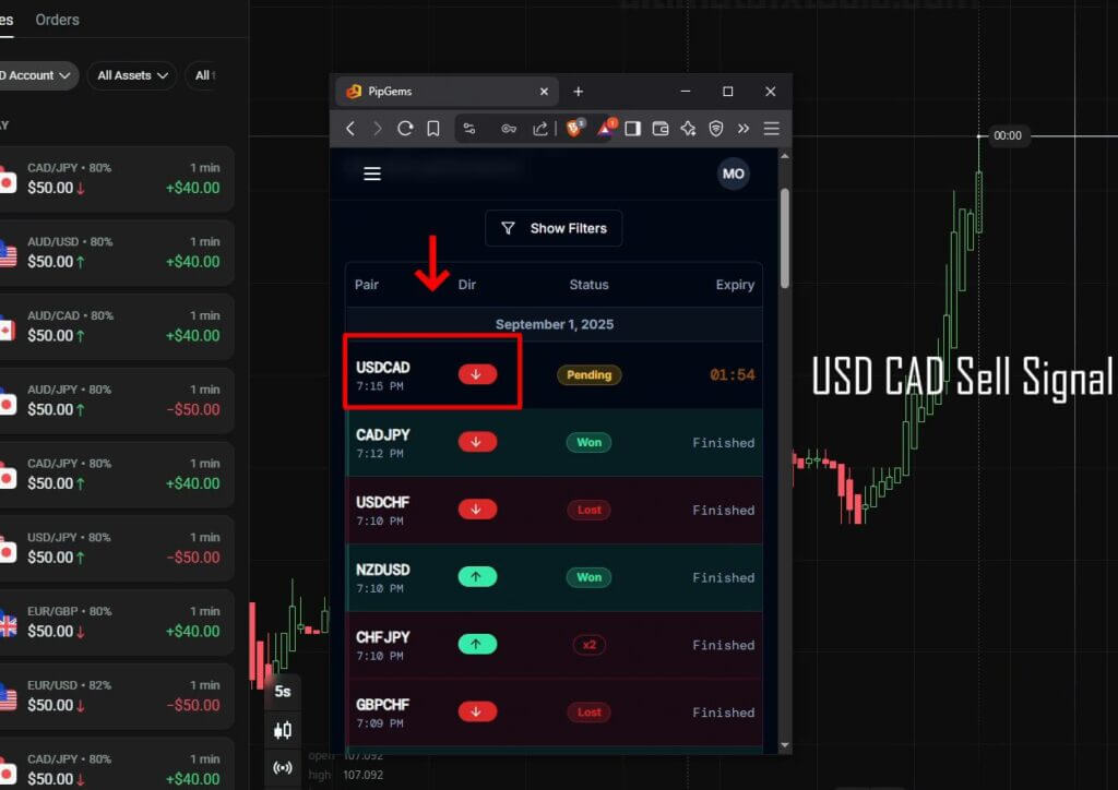 Reading a one minute signal alert against the trading platform chart