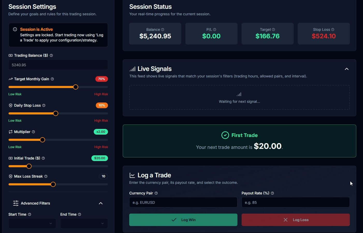 PipGems Strategy Hub risk management dashboard