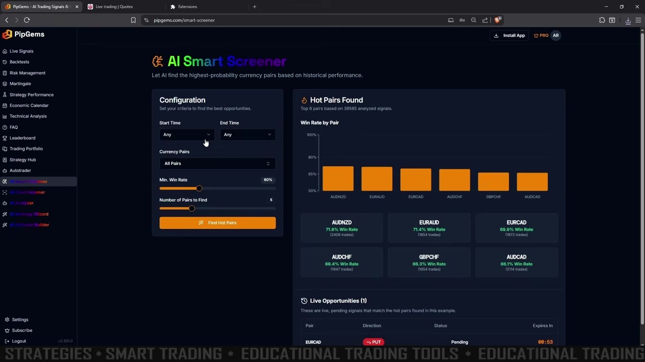 PipGems AI Smart Screener showing hot currency pairs ranked by win rate for Quotex trading
