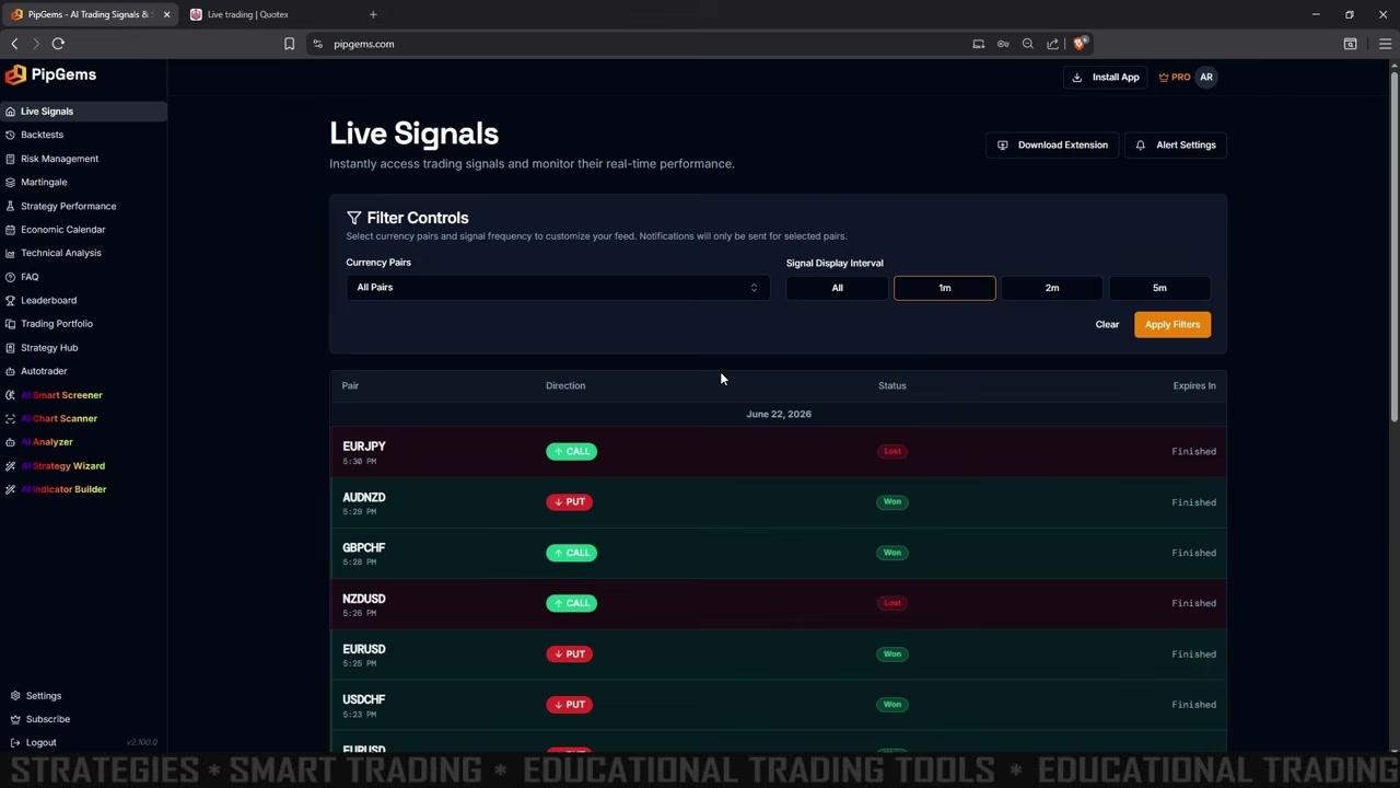 PipGems Live Signals feed filtered to 1-minute CALL and PUT signals beside Quotex