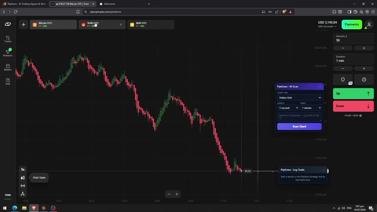 PipGems AI Scan panel on Olymp Trade configured for Heiken Ashi 5-second candles