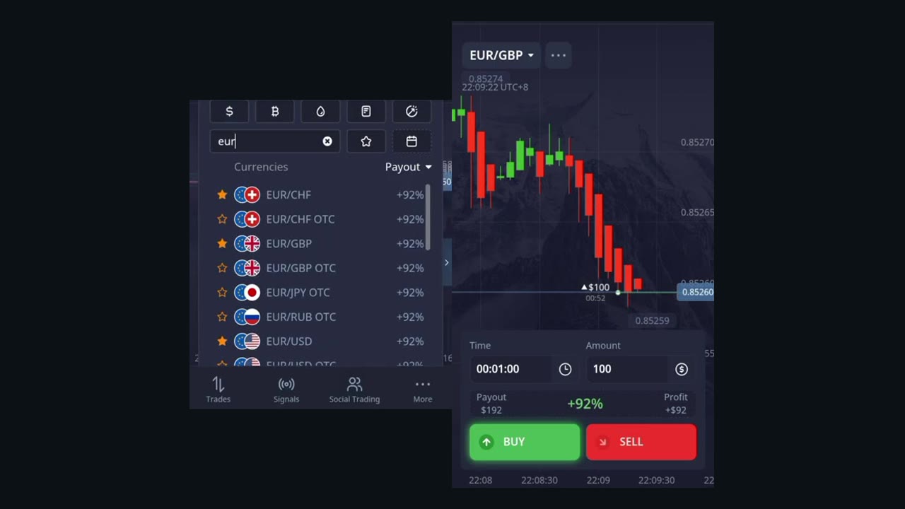 Pocket Option asset list showing EUR pairs at 92 percent payout next to a EUR/GBP one-minute trade at 92 percent